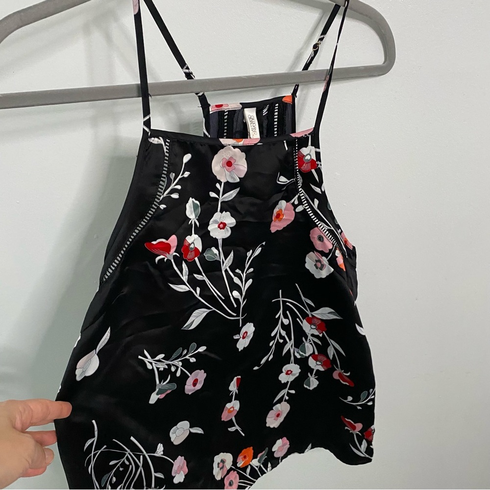 Gilligan & O’Malley satin black floral camisole sleep top. Open back.